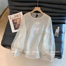 配国风马甲的打底衫女春夏薄款新中式国风拼接刺绣长袖内搭衬衫