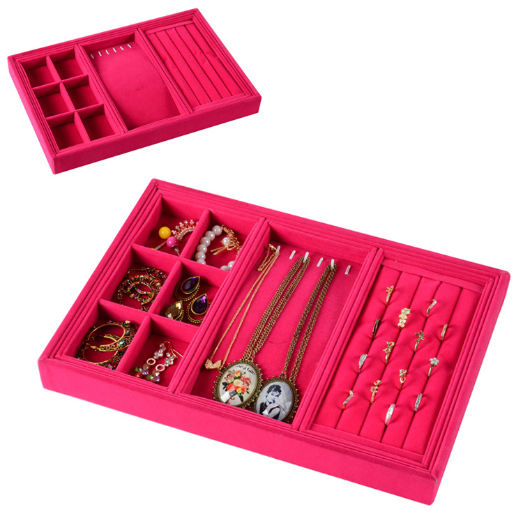 现货批发玫红绒四合一多功能珠宝首饰展示盘盘看货盘耳环盘