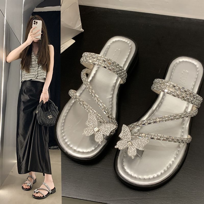 Flat-Bottom Rhinestone Butterfly Toe-Ring Stunning Sandals for Women 2025 New Style Dual-Wear Beach Sandals for Women Summer Outdoor Wear