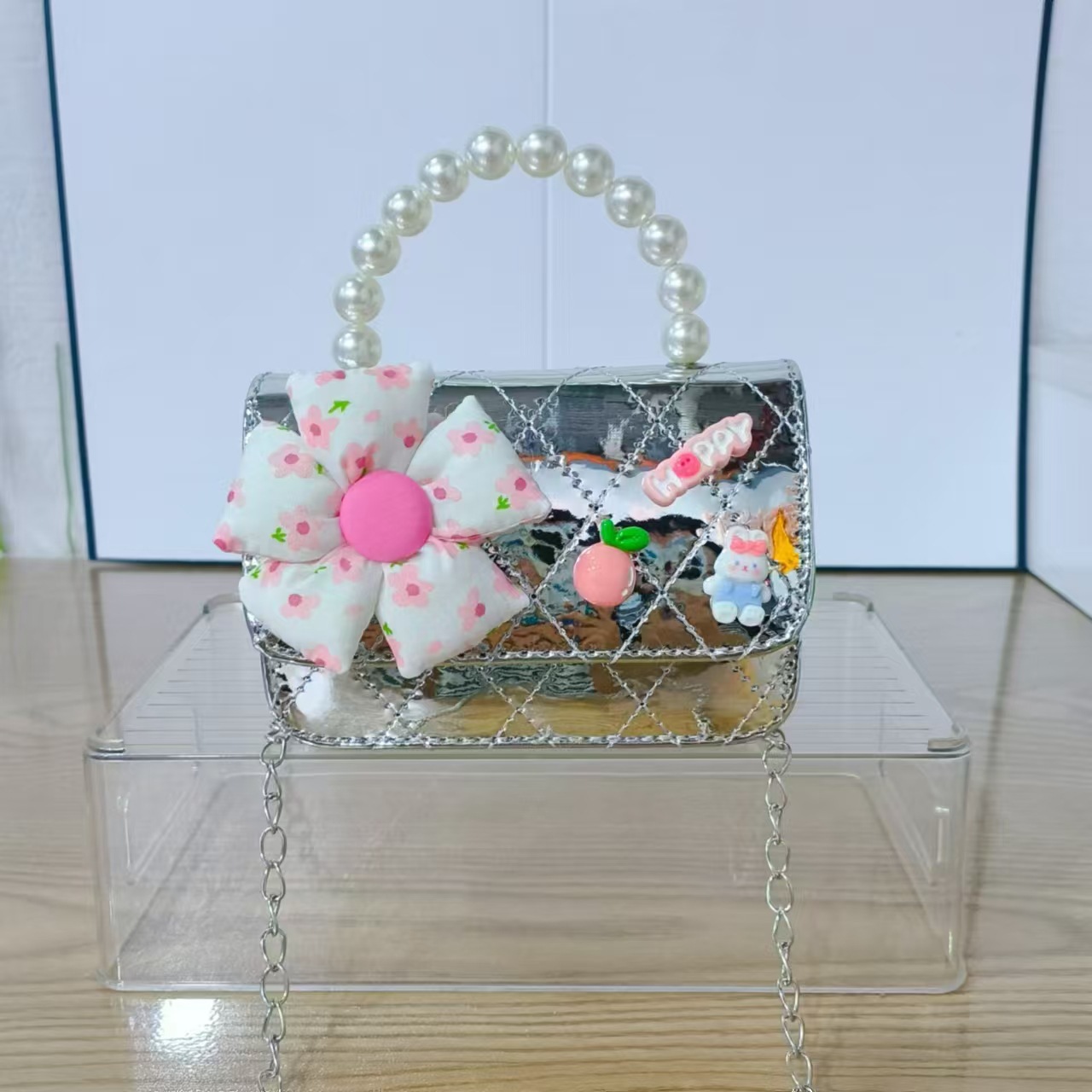 Bolso de perla para niña, bolso de mensajero, monedero para niña, flor de fragancia láser, bolso para niños, cadena, bolso cuadrado pequeño