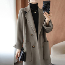 新款羊毛双面呢羊毛大衣女中长款秋冬双排扣手工韩版毛呢外套穿