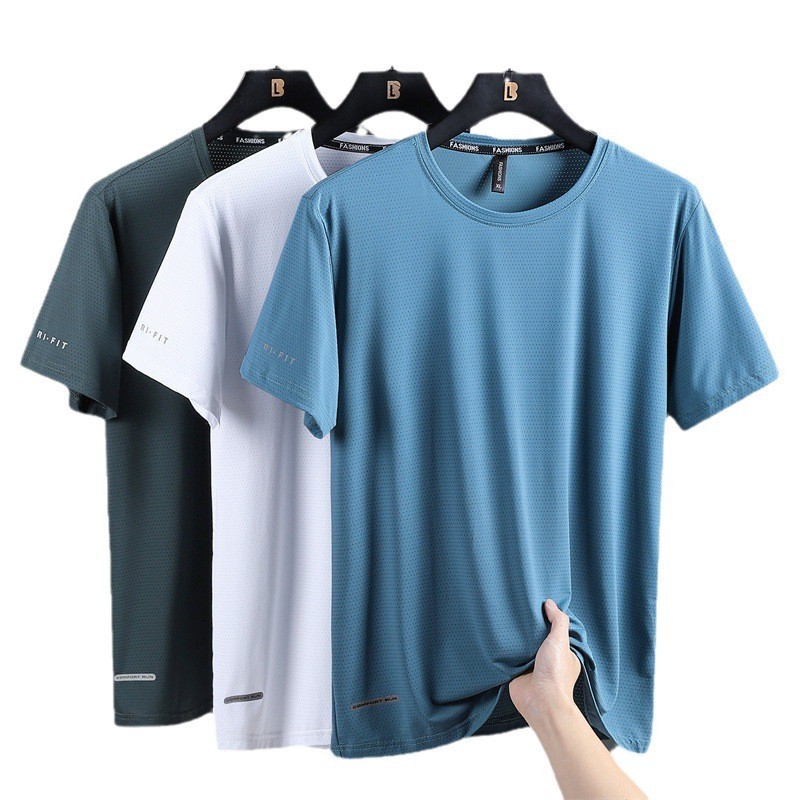 Camiseta de hombre de seda helada de secado rápido, camisa deportiva casual delgada de verano, camiseta base holgada de talla grande, top de talla grande.