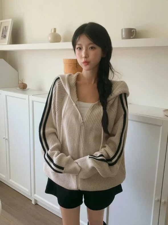毛衣女韩国chic小众宽松设计小个子简约气质抽绳连帽长袖外套上衣|undefined