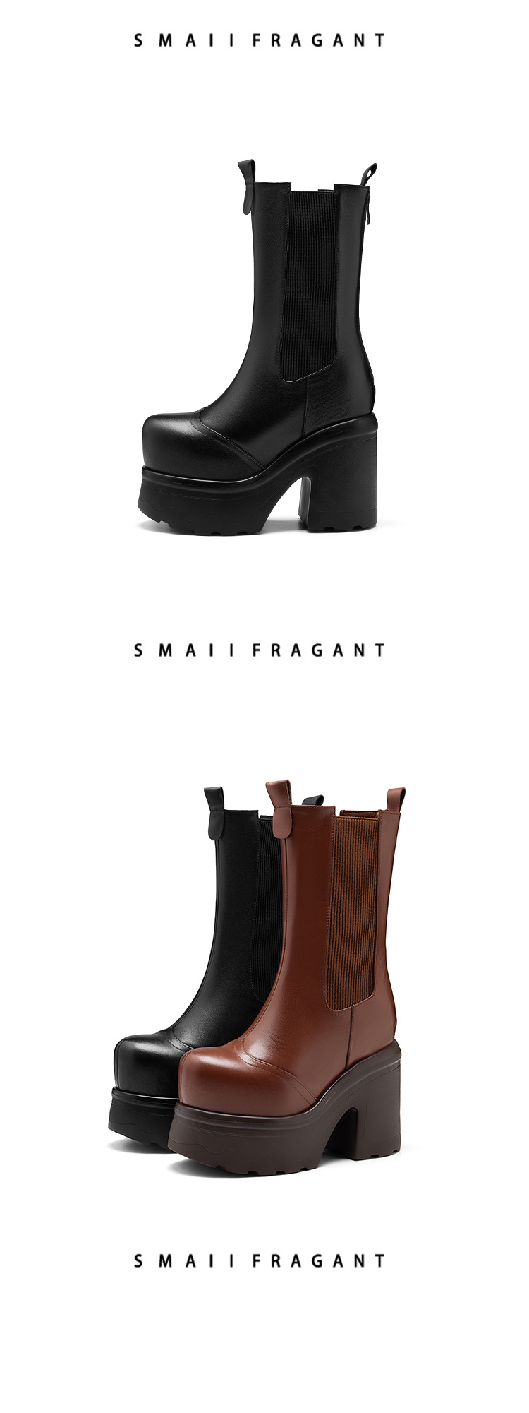 Boot nữ da thật cổ cao ôm bắp chân, đế dày tăng chiều cao, phong cách Anh Quốc — nhung nâu chi tiết 9