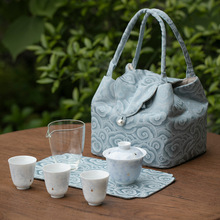 2023新款绿色盖碗三杯玻璃公道杯户外旅行陶瓷功夫茶具便携包套装