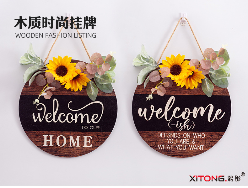 跨境木质门牌Welcome挂牌聚会圆形欢迎木制门前迎宾HOME蝴蝶结挂-阿里巴巴