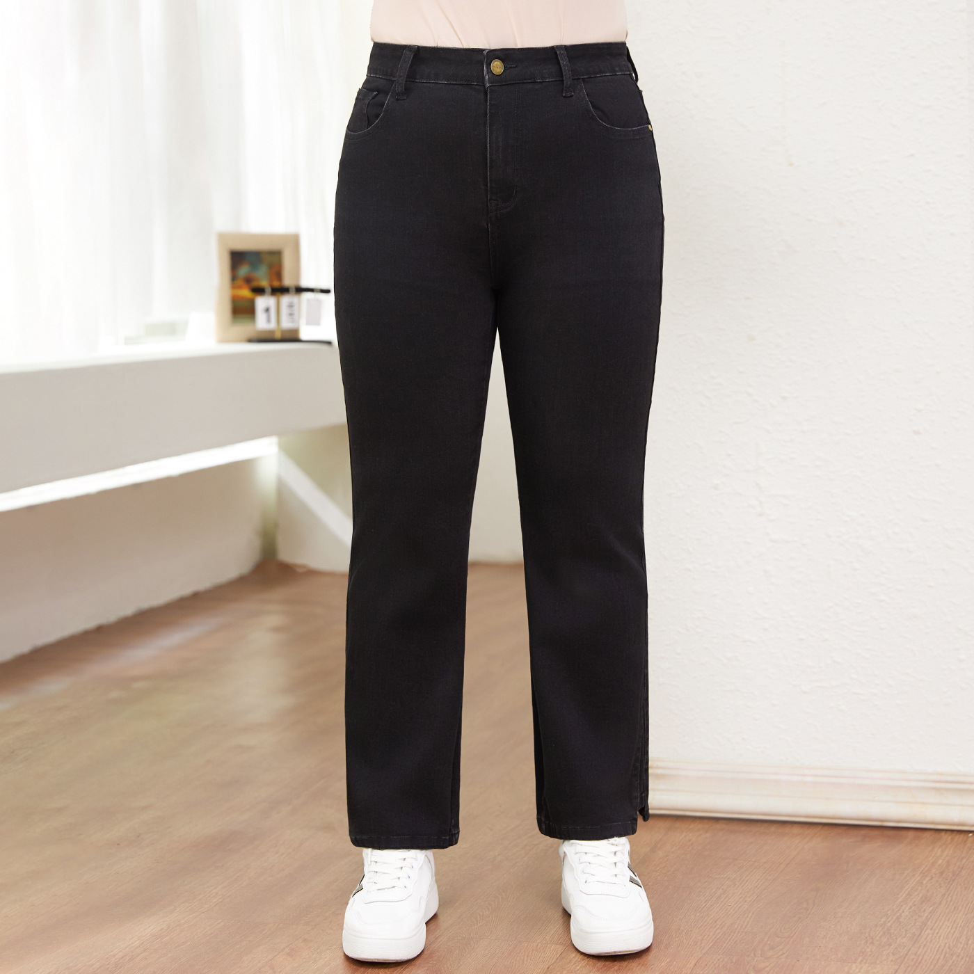 Plus-Size Middle-Aged Women's Autumn New Denim Straight-Leg Pants, Women's Long Pants, Plus-Size Casual Pants, Black, Slimming Effect