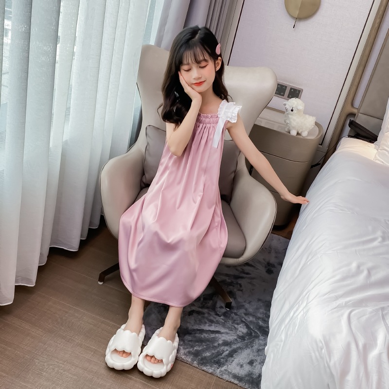 Dropshipping 2023 Summer New Matte Straps Nightgown Solid Color Cute Sweet Princess Dress Children Summer Dress