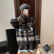 复古费尔岛加厚套装提花针织开衫半身裙冬季慵懒风两件套毛衣女装