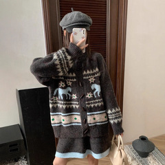 复古费尔岛加厚套装提花针织开衫半身裙冬季慵懒风两件套毛衣女装