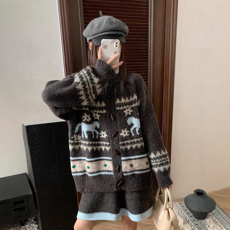 复古费尔岛加厚套装提花针织开衫半身裙冬季慵懒风两件套毛衣女装|undefined