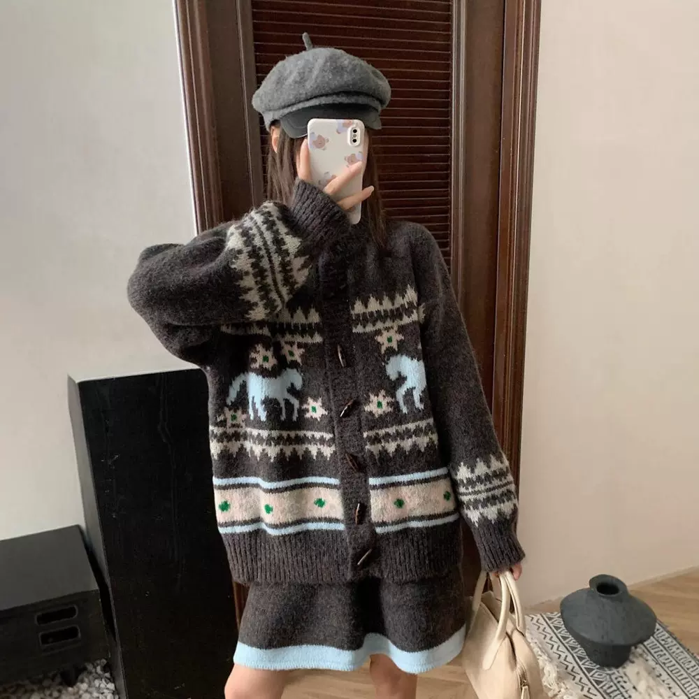 复古费尔岛加厚套装提花针织开衫半身裙冬季慵懒风两件套毛衣女装