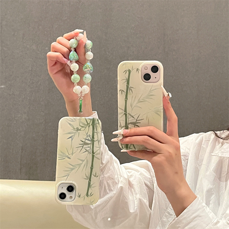 Guofeng ins hilo de plumas bambú verde para iPhone 13 pulsera 14ProMax Apple 15ro funda para teléfono 12