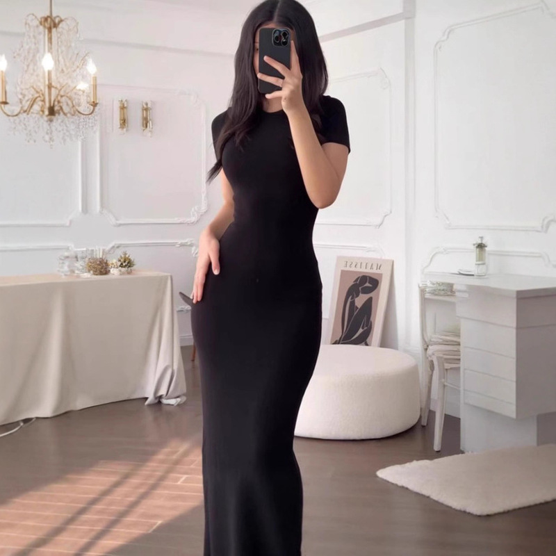 European and American Style Figure Long Dress Women's Summer Slim-fit Sexy Elegant Pure Crewneck Short-sleeved Long Women's dress