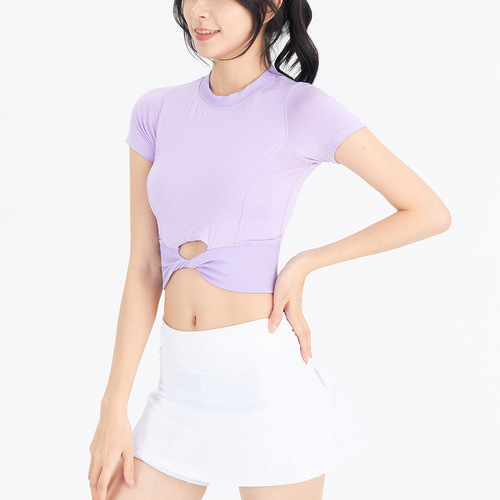 Lulu Casual Ribbed Crew Neck Yoga Top for Women Crop*ed Revealing Breathable Modal Crossbody High-Waisted Short Sleeve T-shirt