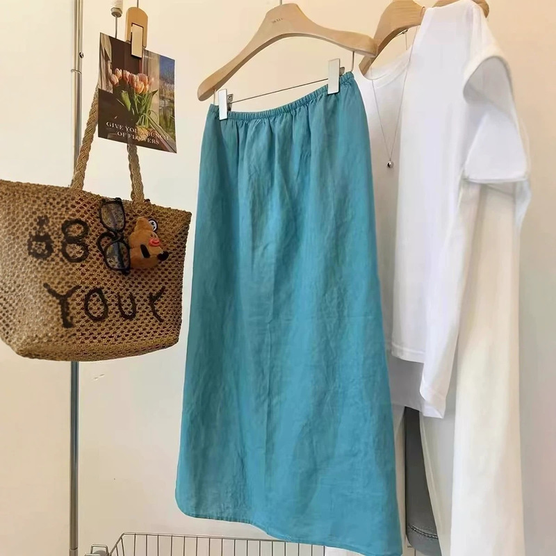 Blue Cotton-Linen Skirt, Linen Half-Skirt for Women, Summer Thin Style, Japanese Style, Mid-Length, High-Waisted, Slit A-Line, Elegant Long Skirt Blue Cotton-Linen Skirt, Linen Half-Skirt for Women, Summer Thin Style, Japanese Style, Mid-Length, High-Waisted, Slit A-Line, Elegant Long Skirt