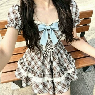 甜美减龄小个子复古格纹蕾丝蝴蝶结绑带收腰方口领蓬蓬公主裙