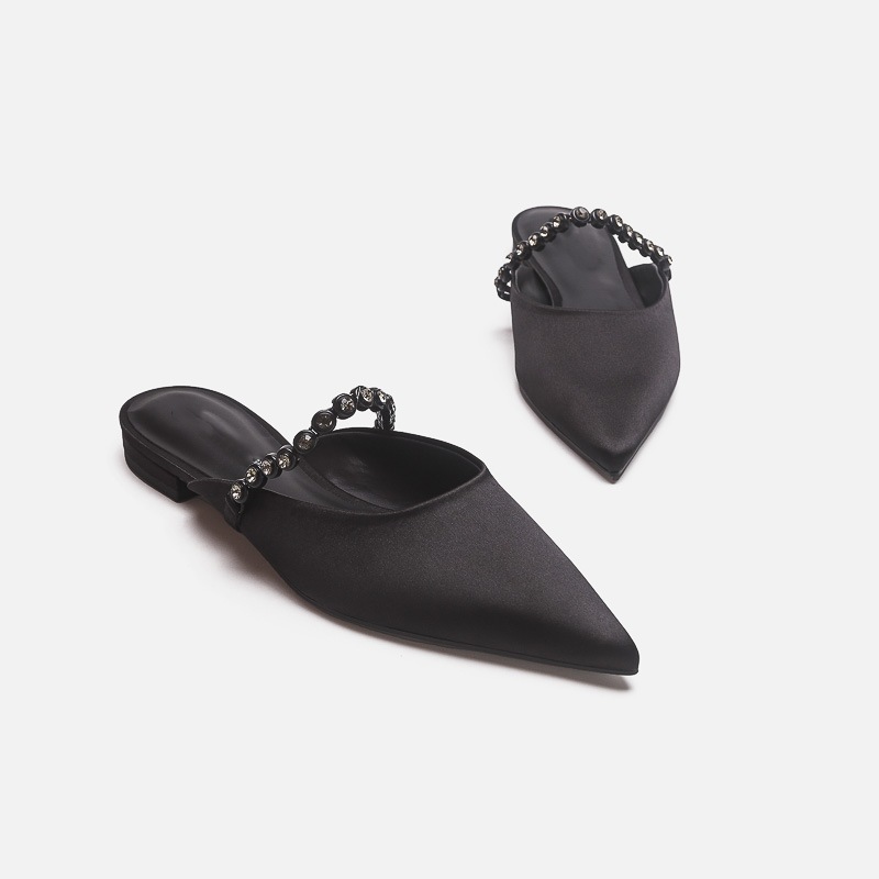 Silver Gemstone Chain Pointed Toe Mules For Women Elegant Flats_voghion.com