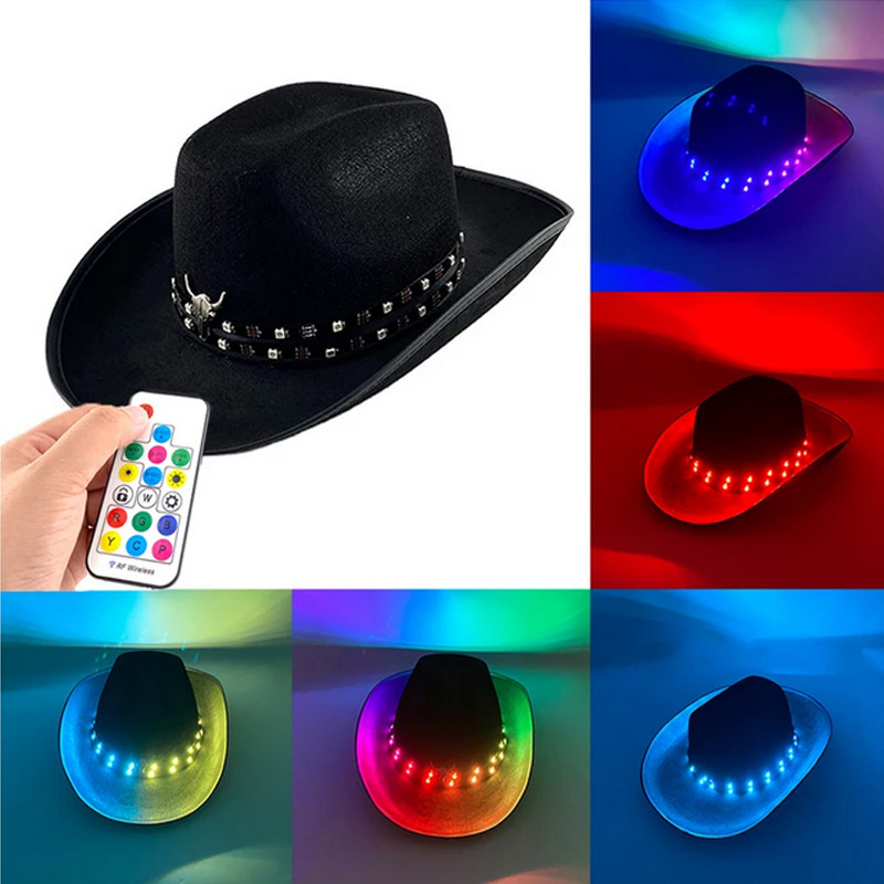 Amazon fiesta de Halloween LED sombrero de vaquero tibetano nacional cabeza de toro rizado control remoto sombrero luminoso colorido