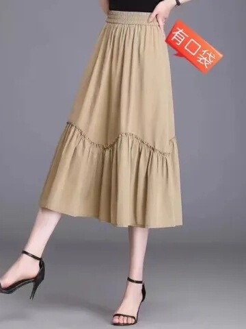 Summer half-body skirt, thin single-layer pleated skirt, fat mother slimming elastic waist, age-reducing high waist, large swing skirt