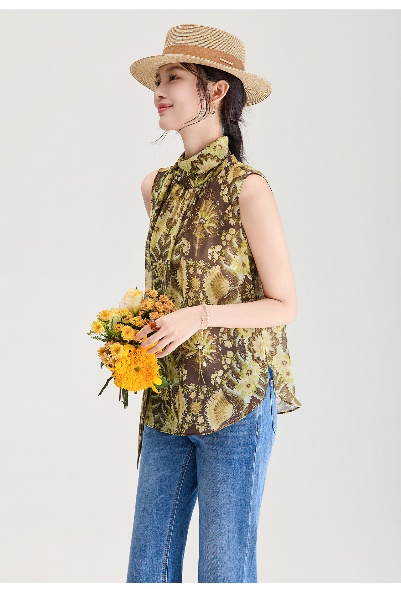 Áo hai dây nữ chất liệu chiffon in hoa, phối dây lụa, phong cách thanh lịch mùa hè — màu xám chi tiết 14