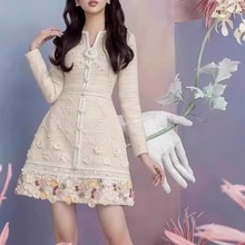 越南小众设计师新款淑女粗花呢珍珠小花甜美清新连衣裙1661