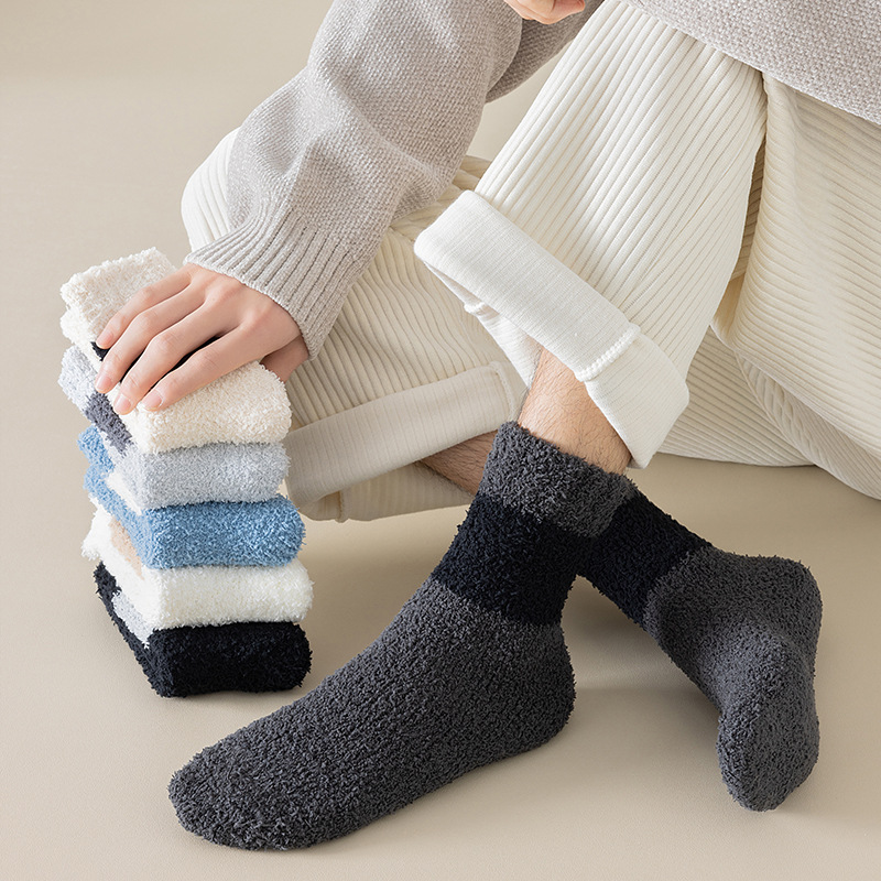 Podzimní a zimní nové korálové fleecové ponožky pánské středně tubusové ponožky barevně sladěné zesílené fleecové ponožky na spaní teplé podlahové ponožky velkoobchod_voghion.com