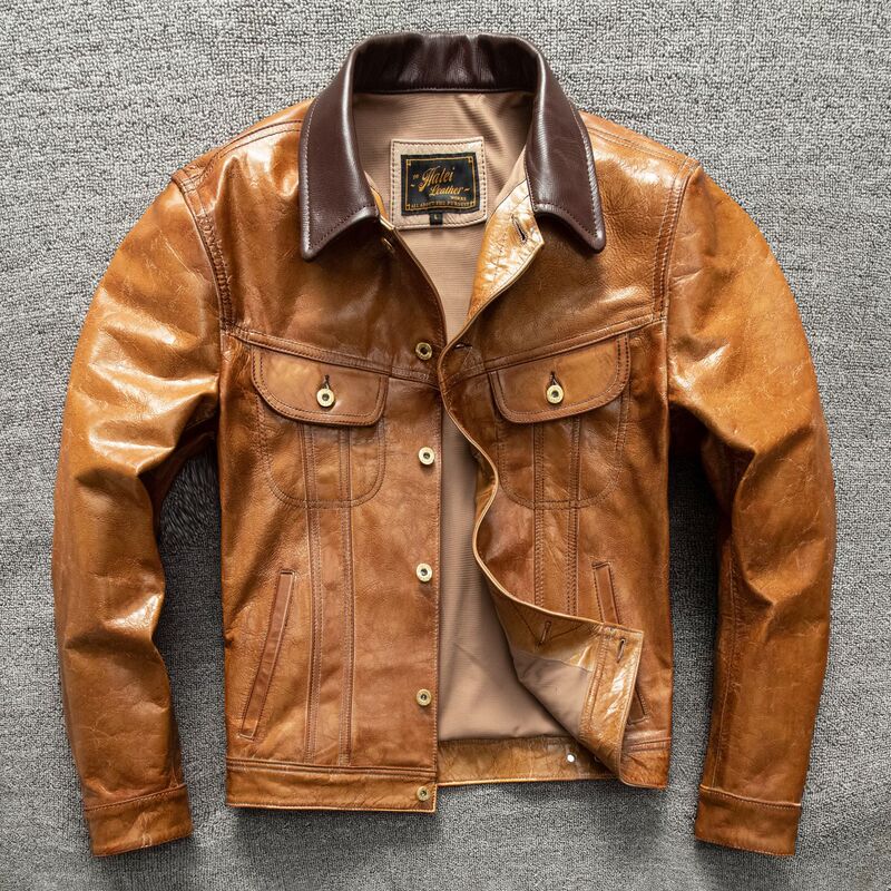 First-Layer Goat Leather Storm Rider Genuine Leather Jacket Men's Short Denim Leather Jacket with Lapel Collar Large Size Coat First-Layer Goat Leather Storm Rider Genuine Leather Jacket Men's Short Denim Leather Jacket with Lapel Collar Large Size Coat
