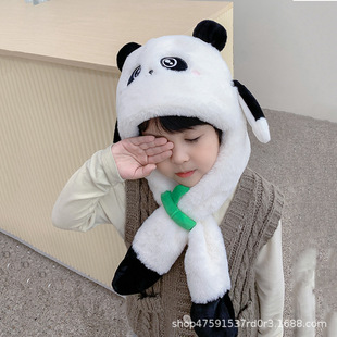 Panda Called Hat Ears Move Autumn and Winter New Cartoon Plush Scarf Integrated Warm Windproof for Baby Boys and Girls