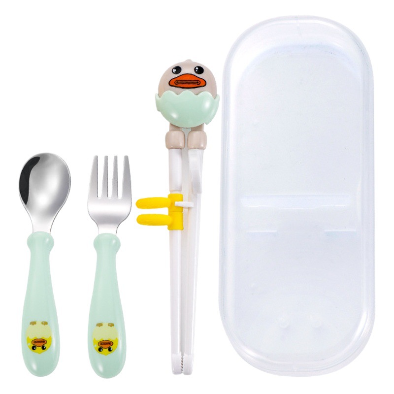 Nuevo 304 de acero inoxidable de dibujos animados para niños palillos de entrenamiento bebé lindo suplemento alimenticio cuchara tenedor portátil traje de tres piezas