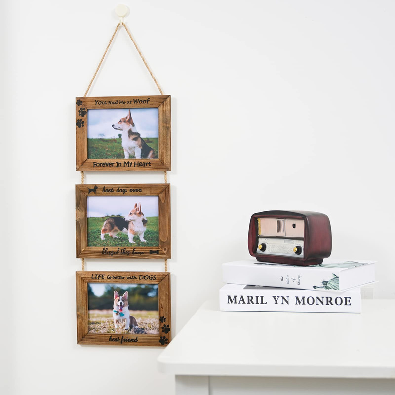 Pet Photo Frame Wall-Mounted Triptych for Home Farmhouse Gallery with Jute Rope Wooden Photo Frame Dog Memorial Display Hanging Frame Pet Photo Frame Wall-Mounted Triptych for Home Farmhouse Gallery with Jute Rope Wooden Photo Frame Dog Memorial Display Hanging Frame