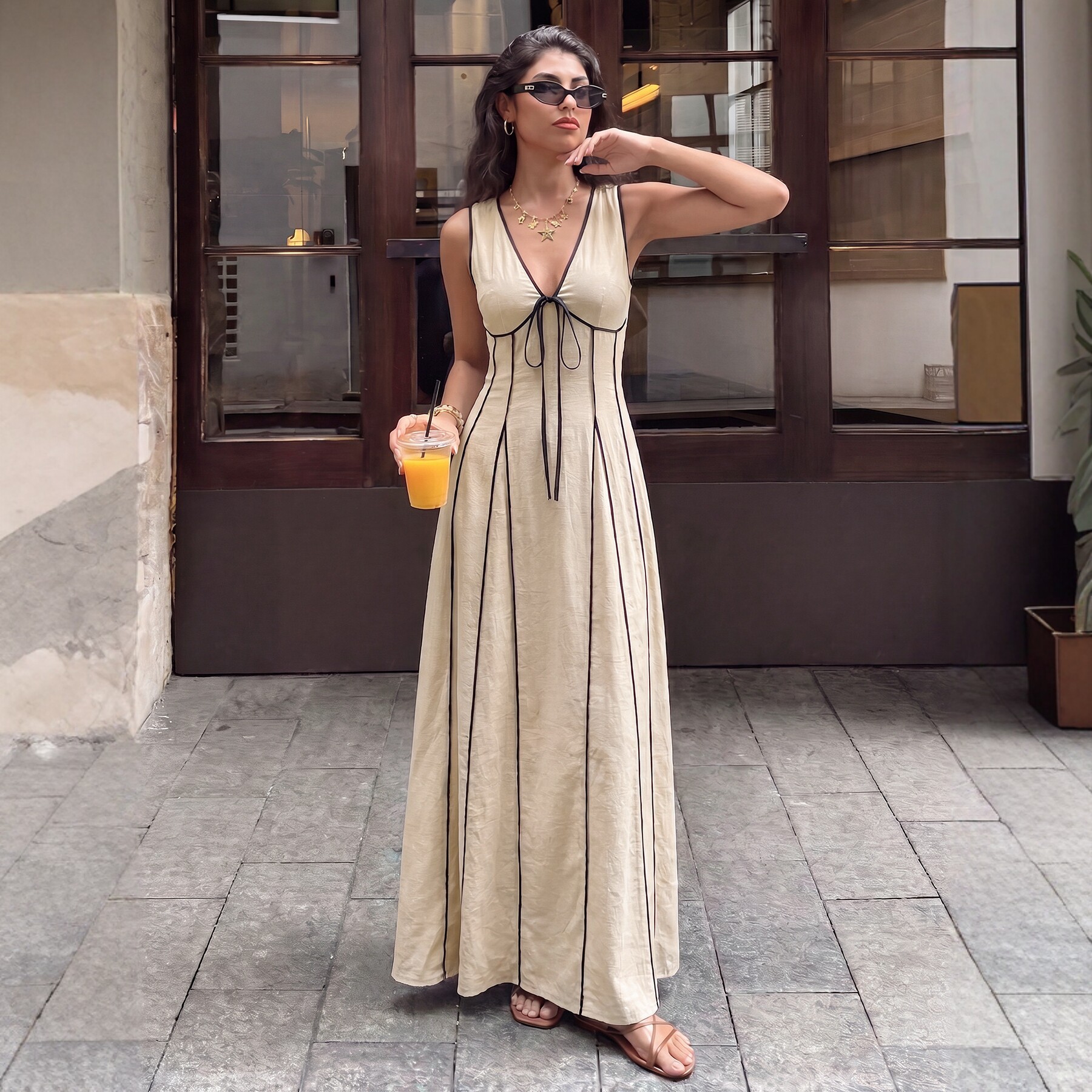 Cross-Border 2026 Summer New European and American Women's Clothing Retro Style V-Neck Tie Sleeveless Waist-Cinching Slim Fit Bodycon Dress