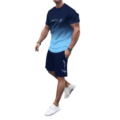 2025 Summer Gradient Color Short Sleeve Shorts Set 3D Digital Printing Simple Letter Gradient T-Shirt Two-Piece Set for Men