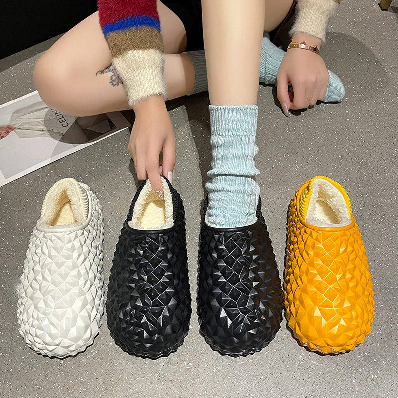 榴莲拖鞋情侣秋冬季厚底防滑搞怪包跟毛毛棉鞋纯色简约时尚舒适棉|undefined
