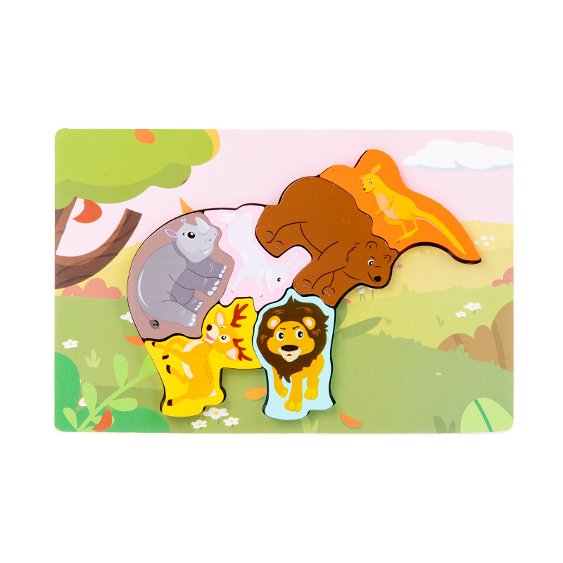 Juguetes educativos de madera para niños pequeños, bloques de construcción al por mayor, rompecabezas 3D creativos con forma de animales para emparejar.