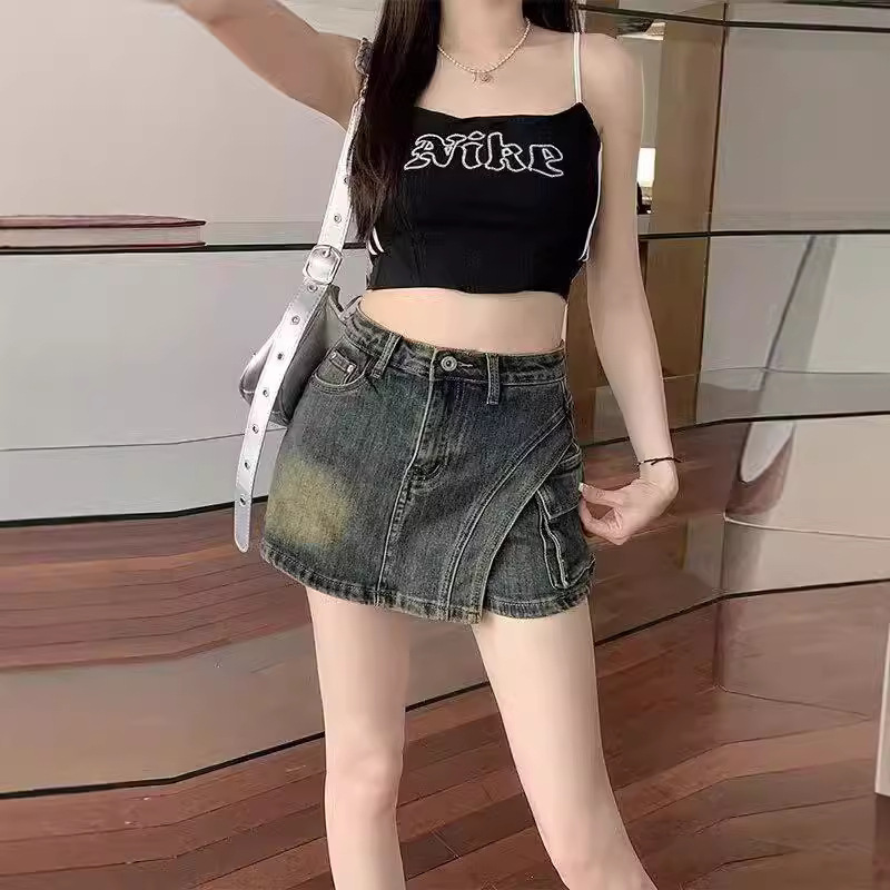 2025 Summer Retro Spice Girl Irregular Skirt Denim Short Pants Skirt High Waist Pocket Design Slimming A- line Skirt Pants