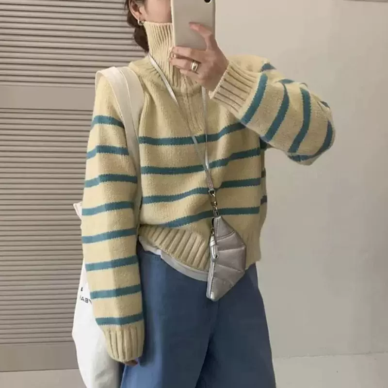 条纹半拉链高领毛衣女秋冬新款加厚软糯慵懒风休闲韩系针织衫上衣