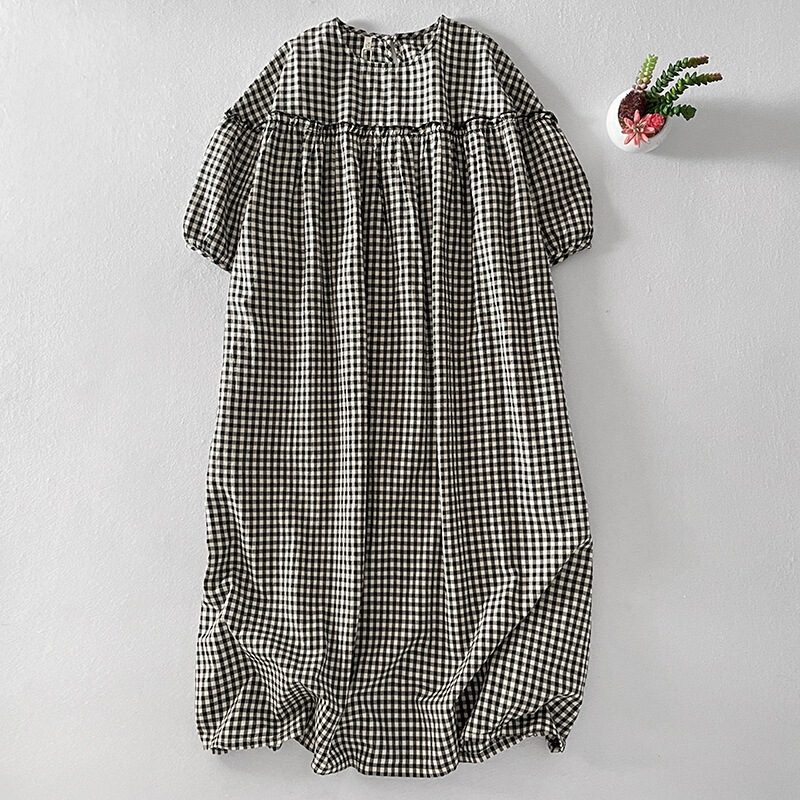 Sweet and Cute Plaid Cotton and Linen Dress with Ruffled Edges, Vintage Round Neck, Three-Quarter Sleeves, Mid-Length Dress for Women