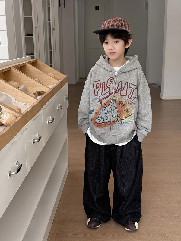 新款男童女童2025秋季休闲美式嘻哈风涂鸦长袖连帽上衣卫衣外套|undefined