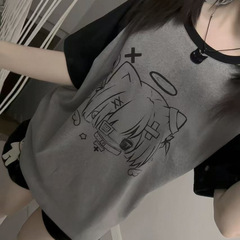 日本の二次元サブカルチャーエンジェル半袖サマーTシャツプリントルーズウェイストランドスタイルスプライシングカジュアルトップトレンディ