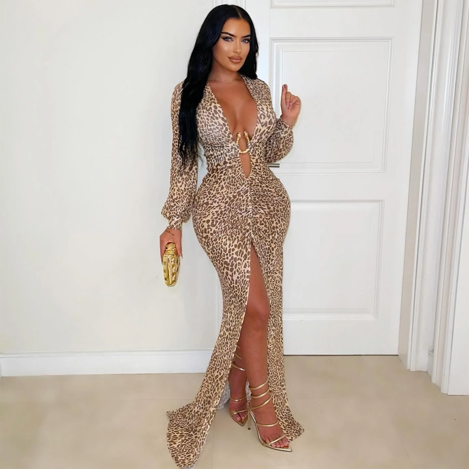 C7571 Aliexpress transfronterizo amazon ropa de moda europea y americana sexy V profunda vestido de brazo bifurcado de leopardo nuevo image 3