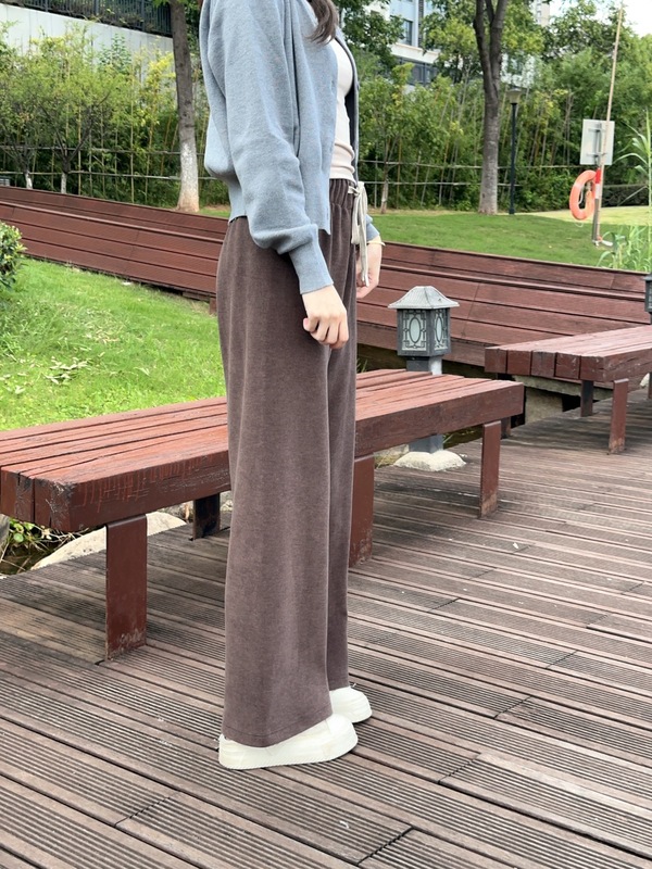 加绒阔腿裤女秋冬高腰羊绒休闲裤显瘦绵羊毛直筒拖地深灰色休闲裤|undefined