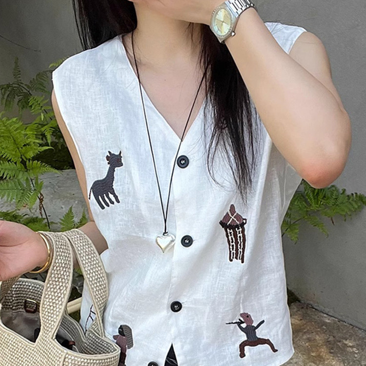 漫画刺繍 V ネックリネンベスト夏薄いベストデザイン気質アウターノースリーブ甘いトップ女性のための|undefined
