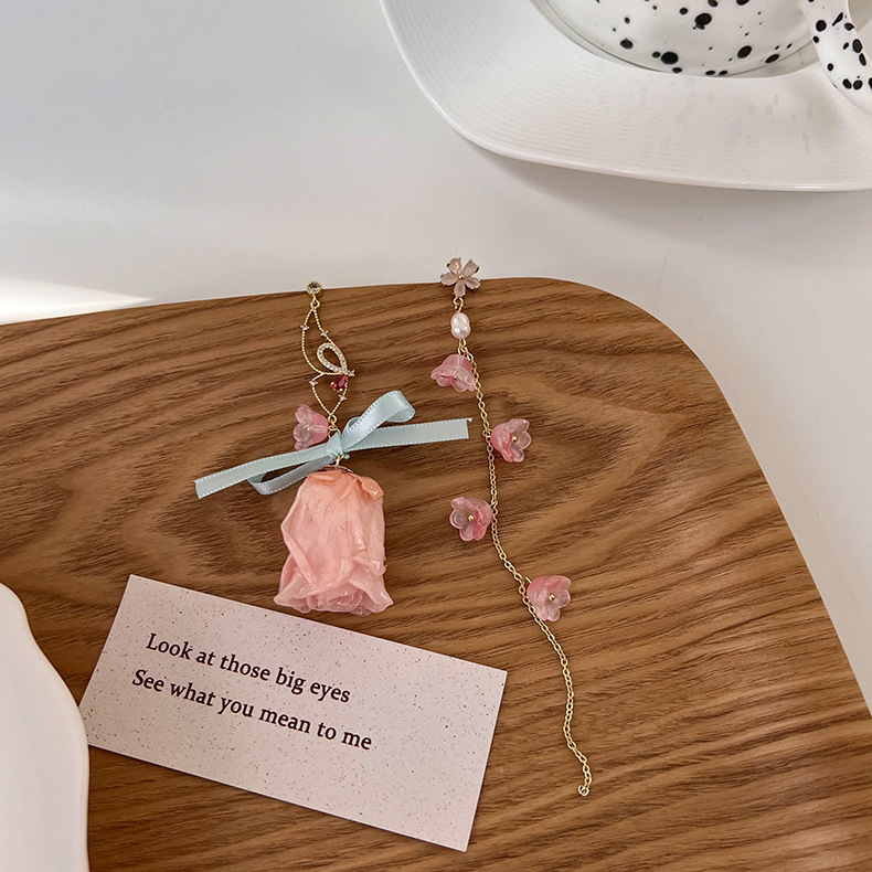 fashion pink flower crystal long tassel asymmetric earringspicture4