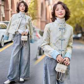 新中式国风轻薄羽绒服女短款年新款春白鸭绒时尚唐装提花外套