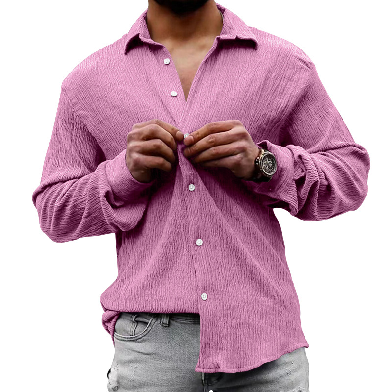 2023 Amazon camisa de manga larga de los hombres de primavera y otoño suelta más tamaño de la burbuja de tela de color sólido solapa camisa casual hombres