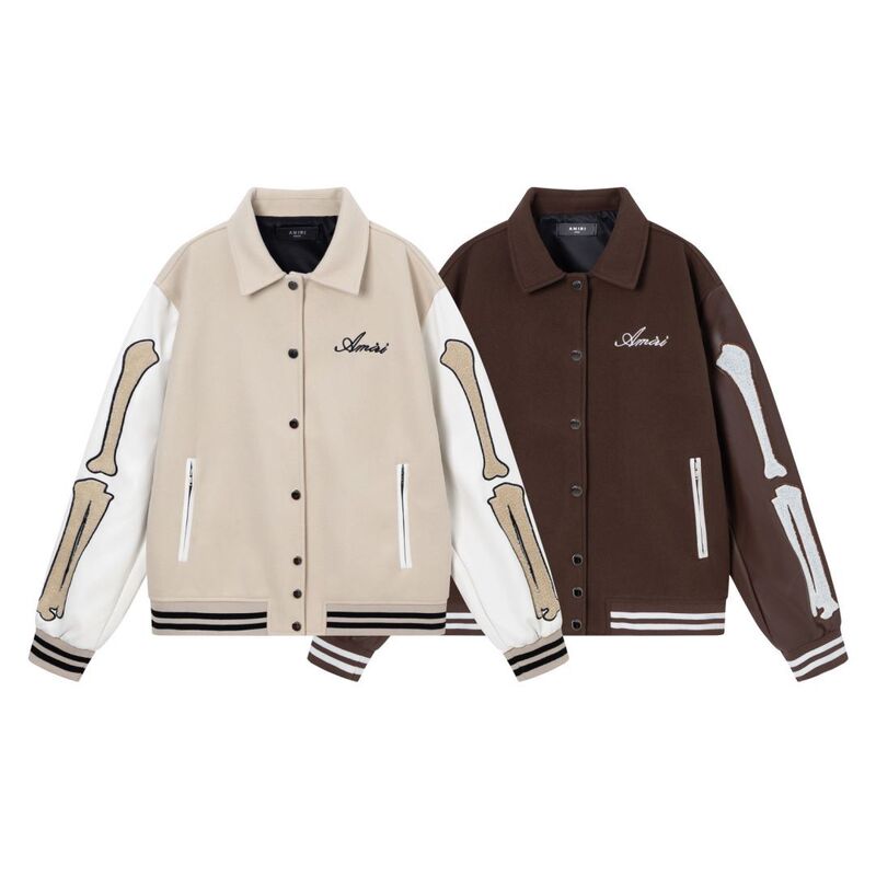 Cross-border AMIRI Embroidered Alphabet Baseball Suit for Men and Women Color-block Leather Sleeves Spring and Autumn Jacket Lapel Jacket
