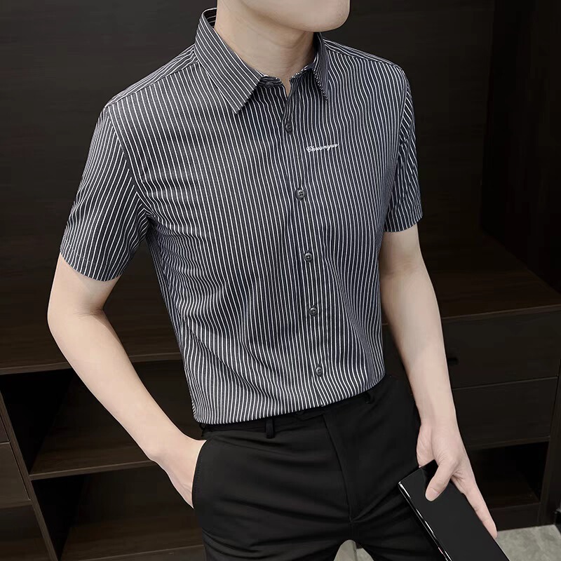 夏薄いハイエンドストライプ半袖アイスシルクシャツメンズ新しいファッショントレンディなブランド紳士服ビジネススリムシャツ|undefined