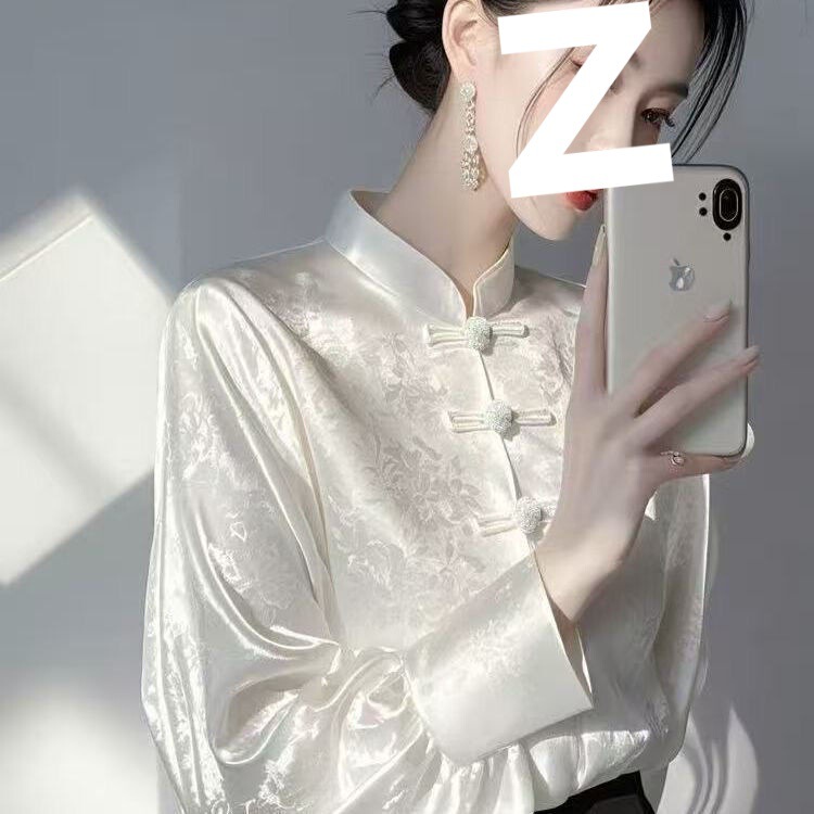新中式国风内搭打底衫女早春高级感轻奢减龄洋气白色提花衬衫2025|undefined