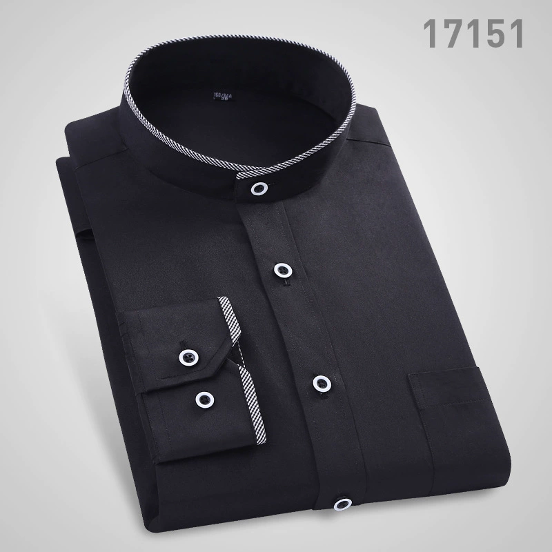 Мужская рубашка с воротником-стойкой, длинный рукав, костюм в стиле Чжуншань, деловой повседневный стиль, немнущаяся, однотонная белая рубашка, мужской приталенный крой, эффект стройности.